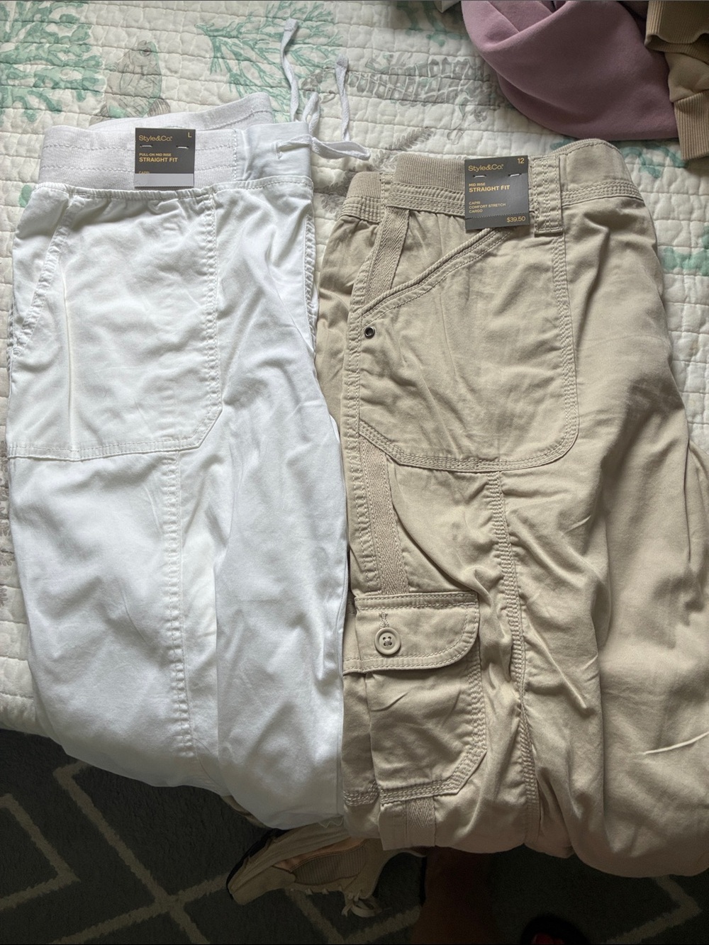 Style & Co. Drawstring Cargo Pants — White and Beige/Tan Pair